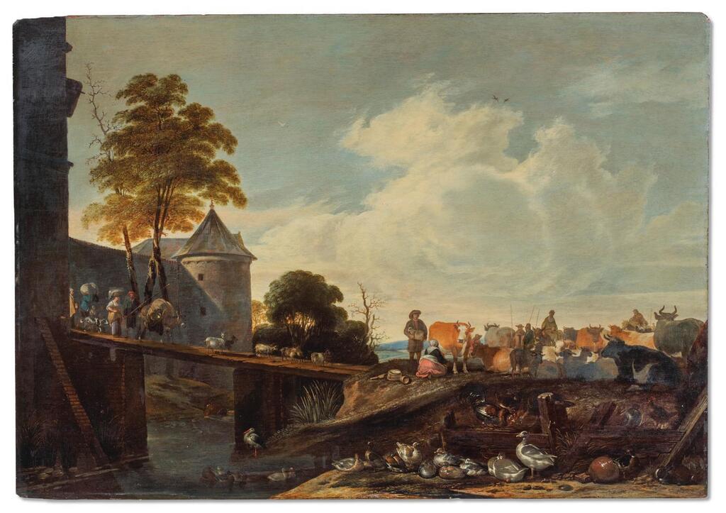 A cattle market on the outskirts of a walled town, with figures and animals crossing a bridge