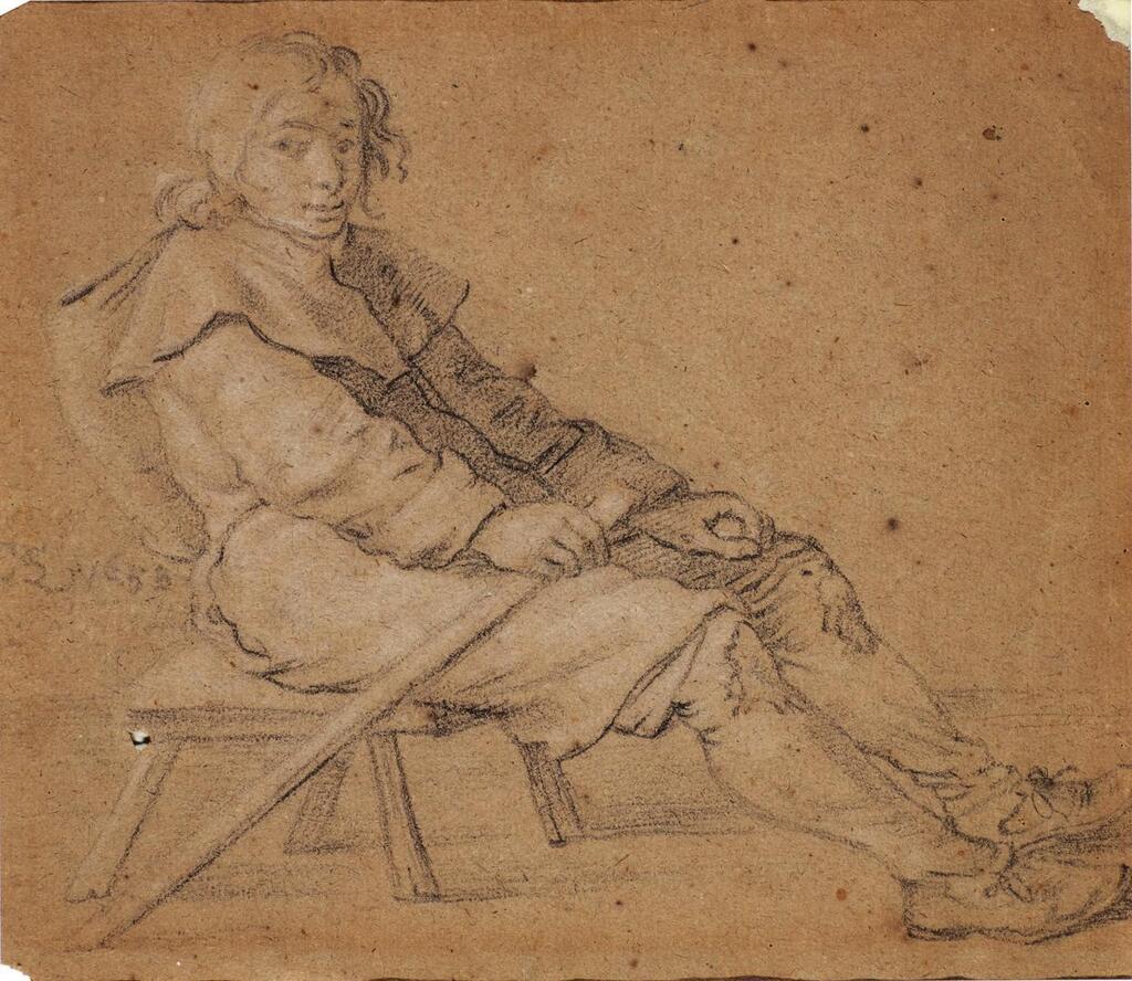 Study of a boy seated on a stool, holding a stick