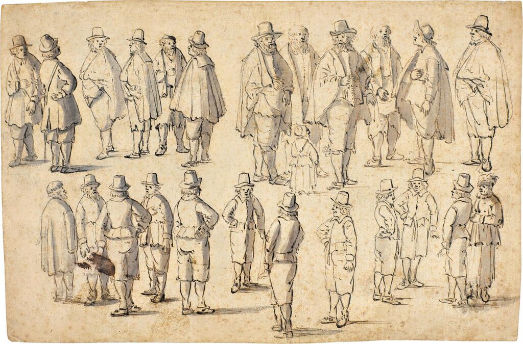 Figure studies, mostly men in hats