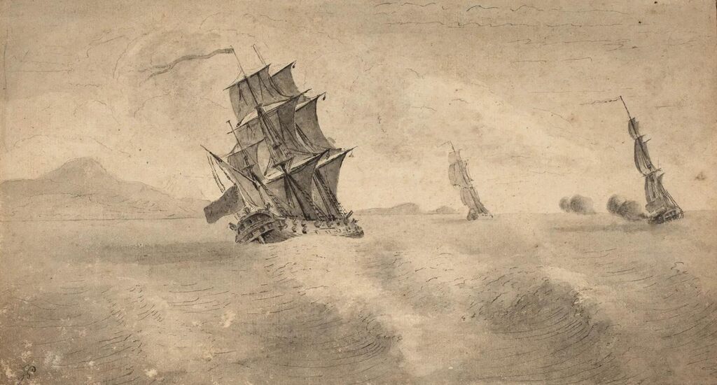 Naval combat off a Mediterranean shore