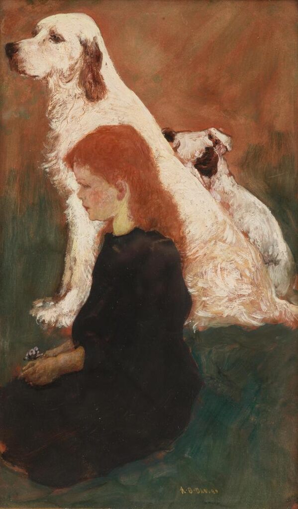 Red Headed Child in Black with Two Dogs