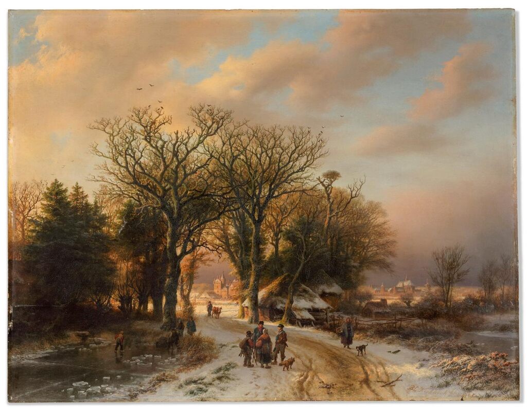 A winter landscape at dusk with villagers on a path, a village beyond