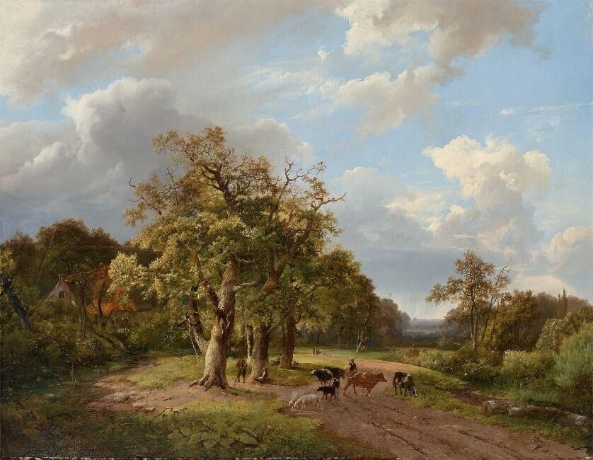Resting cattle in a forest landscape
