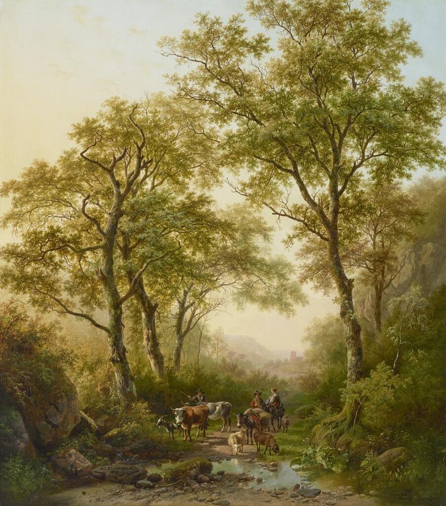 Op weg naar de markt: A wooded landscape with travellers on their way to the market