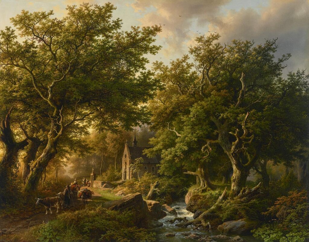 A Wooded Landscape with Travelers Passing a Chapel near a Stream
