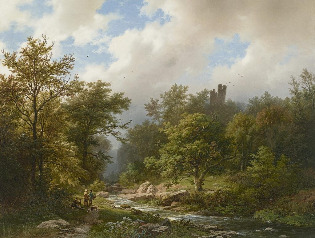 A Hunter and Hounds in a Wooded River Landscape with a Castle Beyond