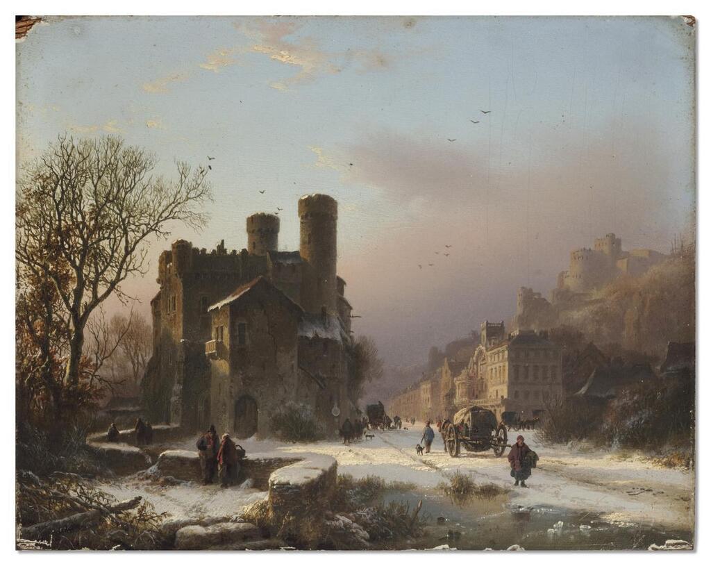 A winter landscape with figures near a village