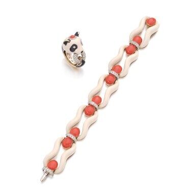 Enamel and diamond bracelet and ring