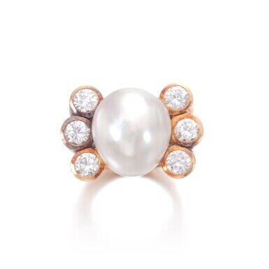 Cultured pearl and diamond ring