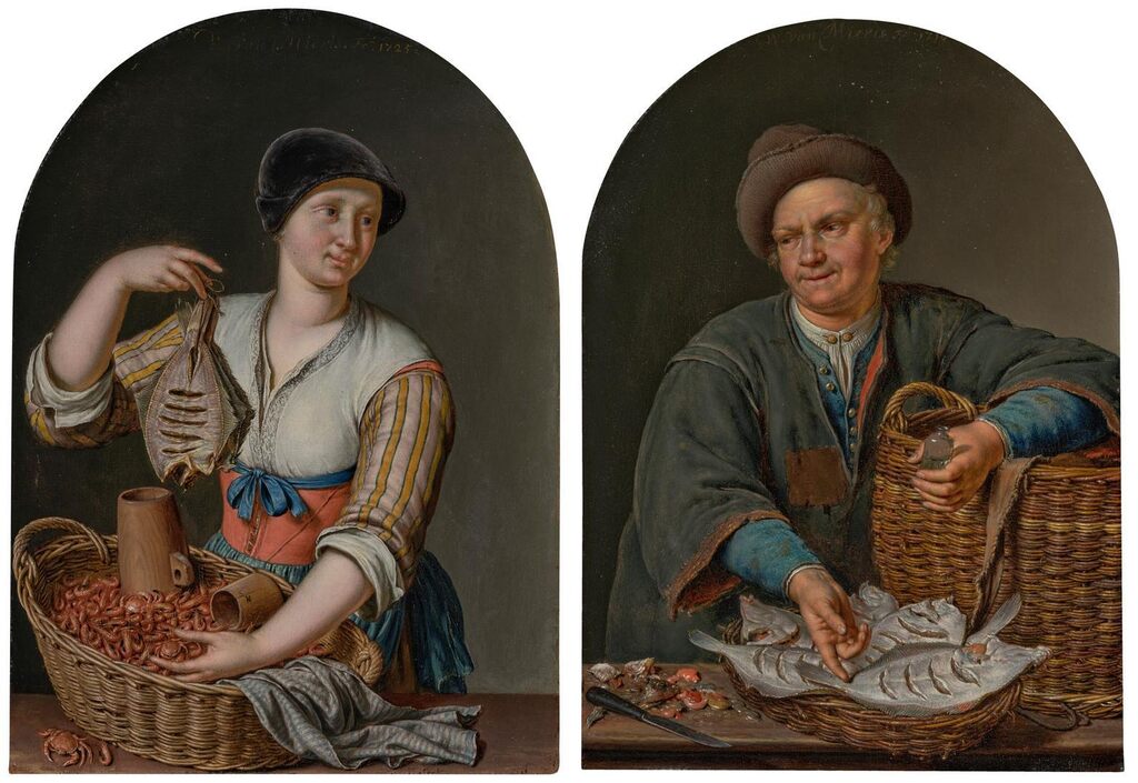 A woman selling fish and shrimp; and A man selling fish