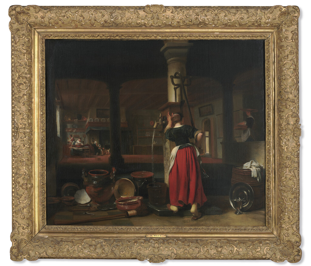 A maid pumping water in a kitchen interior