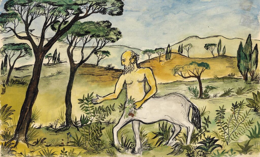 Hans Scherfig: Landscape with centaur. Signed Scherfig 1944. Watercolour on paper. Sheet size 21 x 34 cm