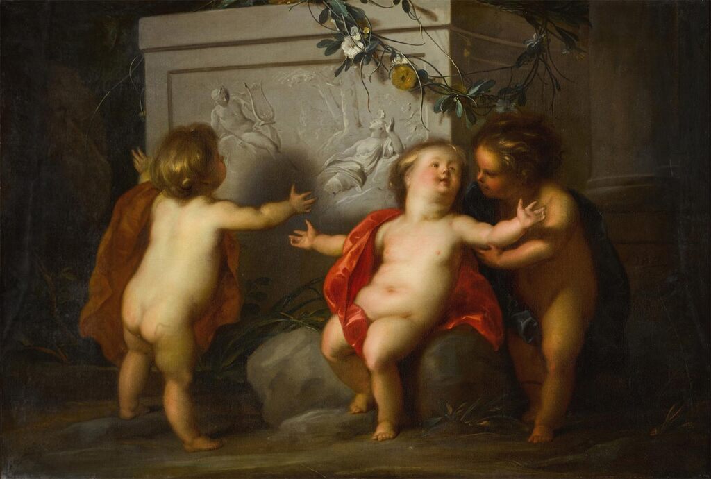 Putti in a landscape by a carved bas-relief