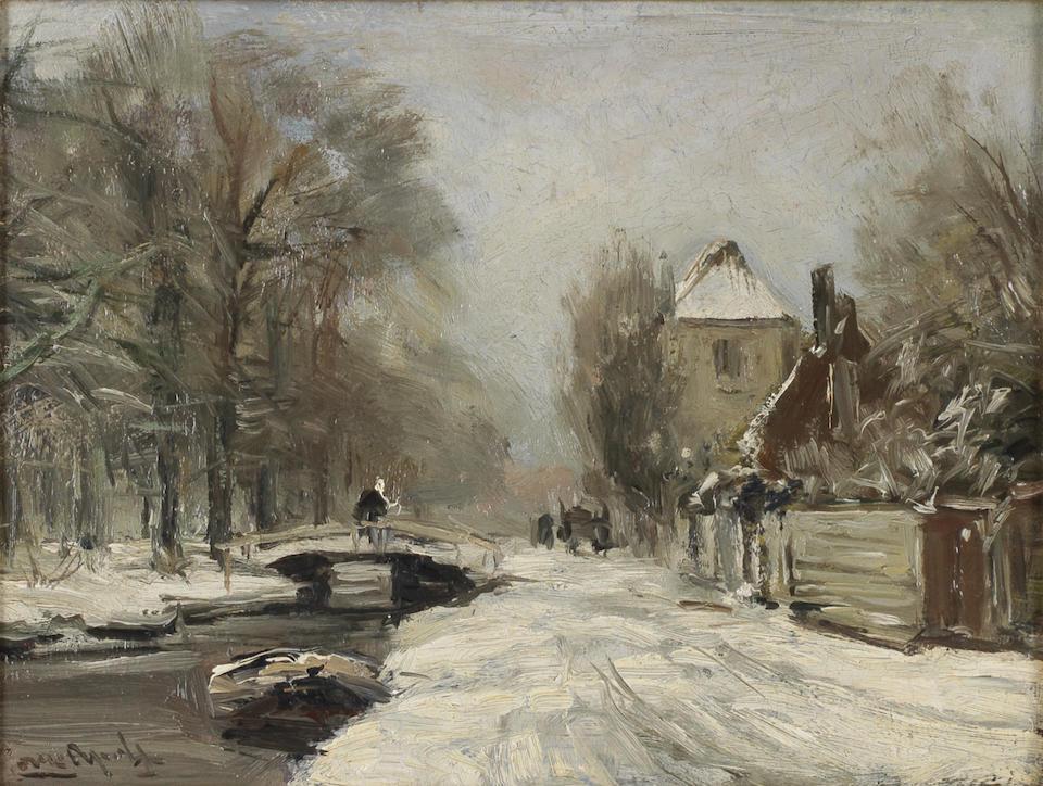 Riverside houses in winter with a figure crossing a bridge