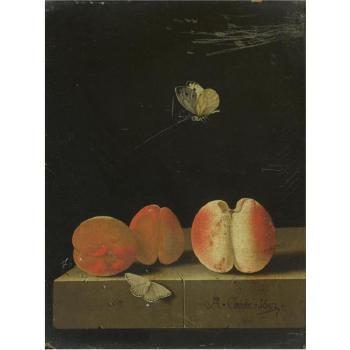 Still Life With A Peach And Two Apricots On A Stone Ledge, Together With Two Butterflies