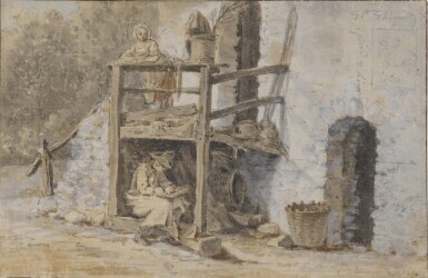 An artist sketching under the porch of a rural stone building