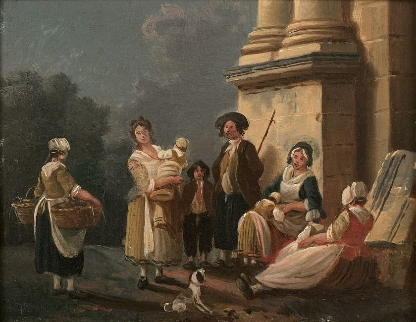 Family at the foot of a colonnade and Family in front of a fortified building