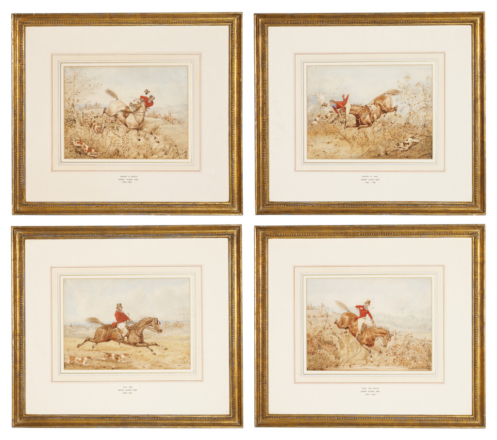 Four watercolors: Taking a fence, Taking a fall, Full cry, Into the ditch