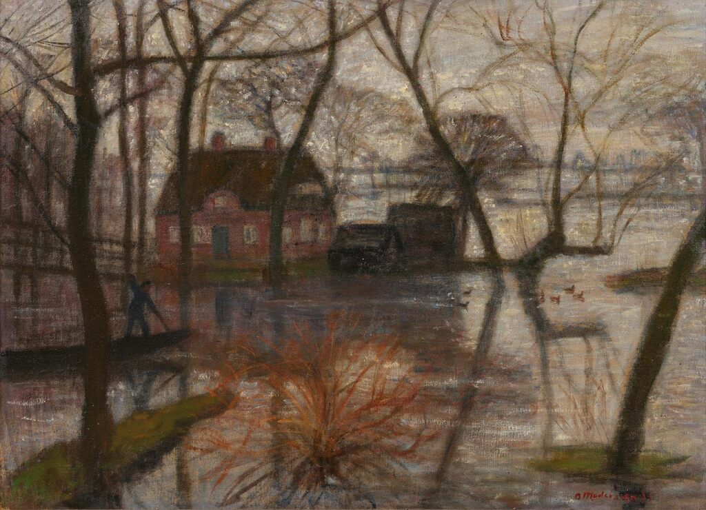 Überschwemmung im alten Dorf in Fischerhude (Flooding in the old village in Fischerhude) - recto; Wiesenlandschaft mit Birken und Ziege (Meadow Landscape with Birch Trees and Goat) - verso