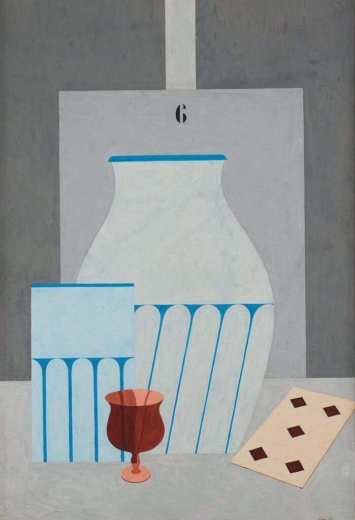 Still life with glass, vases and playing cards.