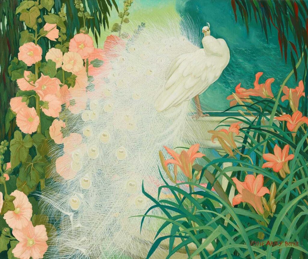 Peacock, Hollyhocks and Lilies