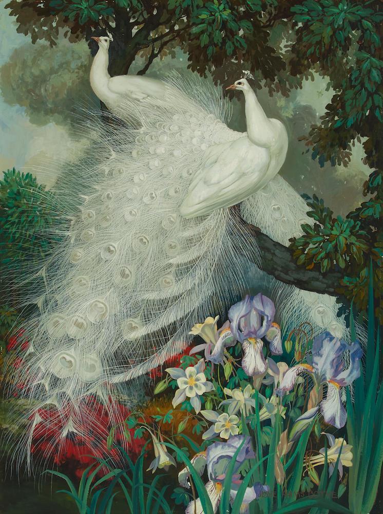 White Peacocks and Iris