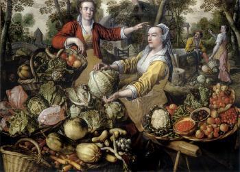 Four elements, greengrocer's stall. Earth, fishmonger's stall. Water, poultry stall. Kitchen scene