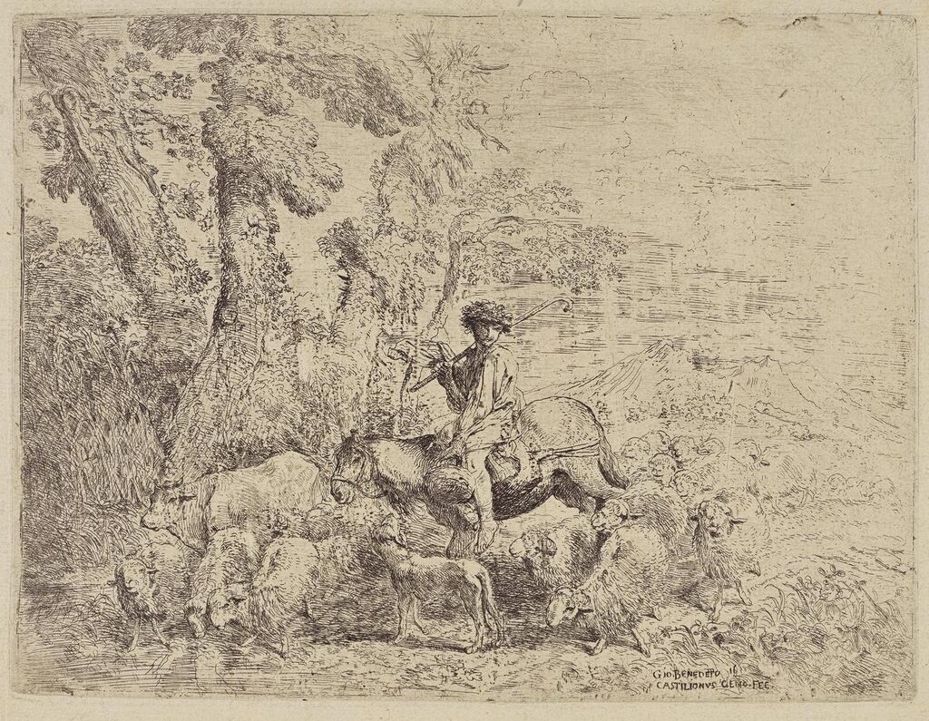 Young man with his head leaning against his shoulder, wearing a plumed headdress, from Small Studies of Heads in Oriental Headdresses; Young herdsman on horseback (Bartsch 46.043; 028.25)