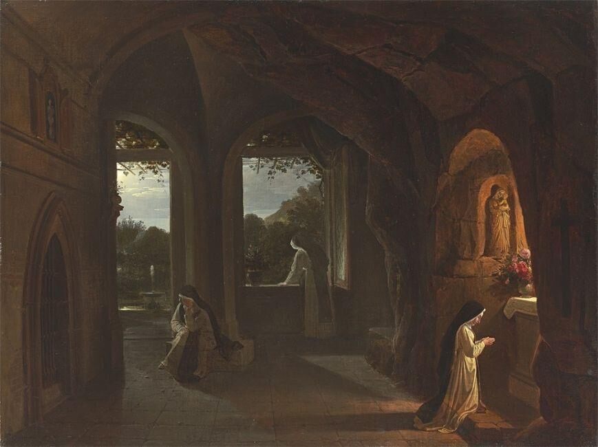”Dominikanernonnen in einer Klosterkapelle bei Nacht mit Blick in einen Garten mit Brunnen”