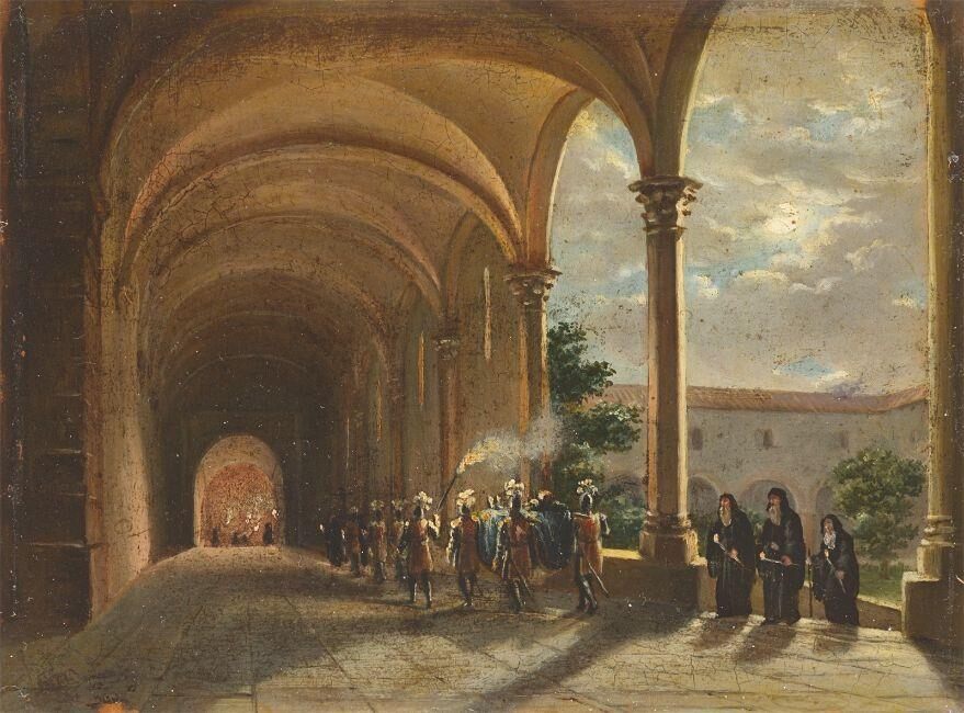 Cloister with funeral procession in the evening