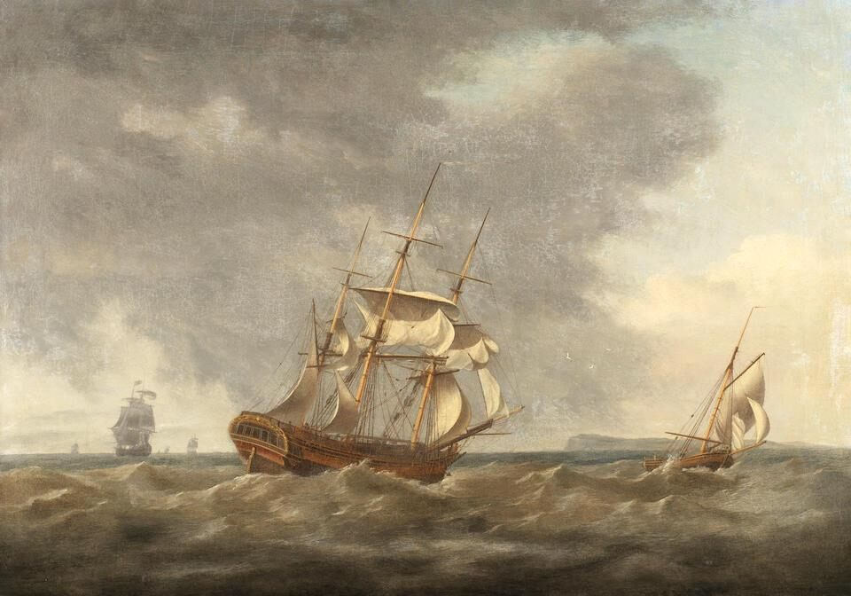 The Mercury of London, a merchantman and other shipping offshore; Two frigates in the Channel off Dover