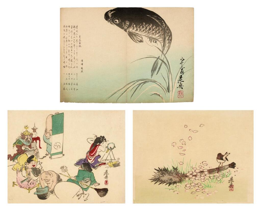 Plum branch and pail; Setsubun; Brushes on a stand beside a blossoming plum sprig