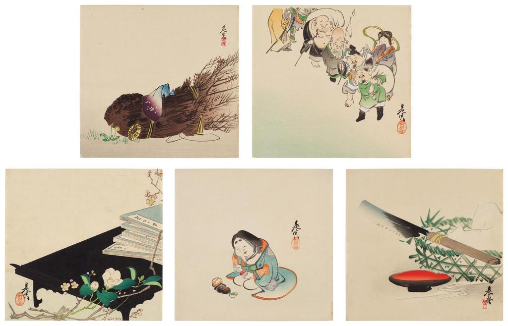 The Seven Gods of Fortune (Shichifukujin); Dandelion, twigs and towel (tenugui); Okame mixing pigments beside a brocade ball; Camelia, plum blossom, books and a writing table (bundai); Bamboo basket, knife and black lacquered cup