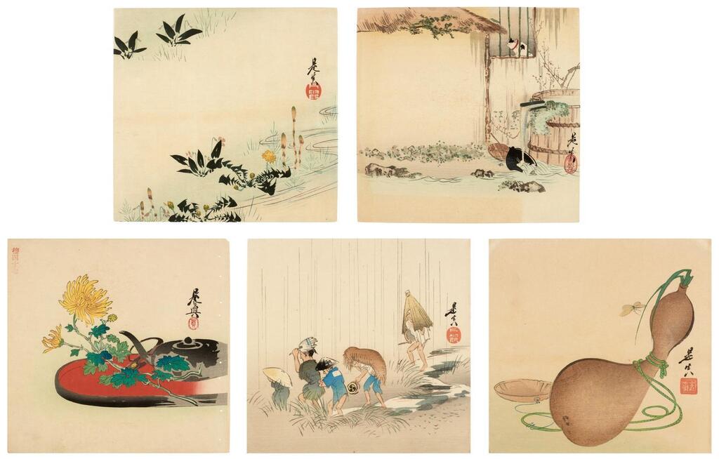 Cat on a farmhouse windowsill above a water basin; Spring flowers; Gourd, mayfly and wood bowl; Chrysanthemum sprig, kettle and lacquer tray, embellished with light silver-mica; Travelers in a rain shower