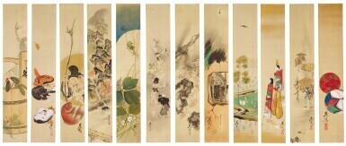 Shibata Zeshin (1807-1891) | A set of twelve tanzaku [poetry cards] for the twelve months | Meiji period, late 19th century