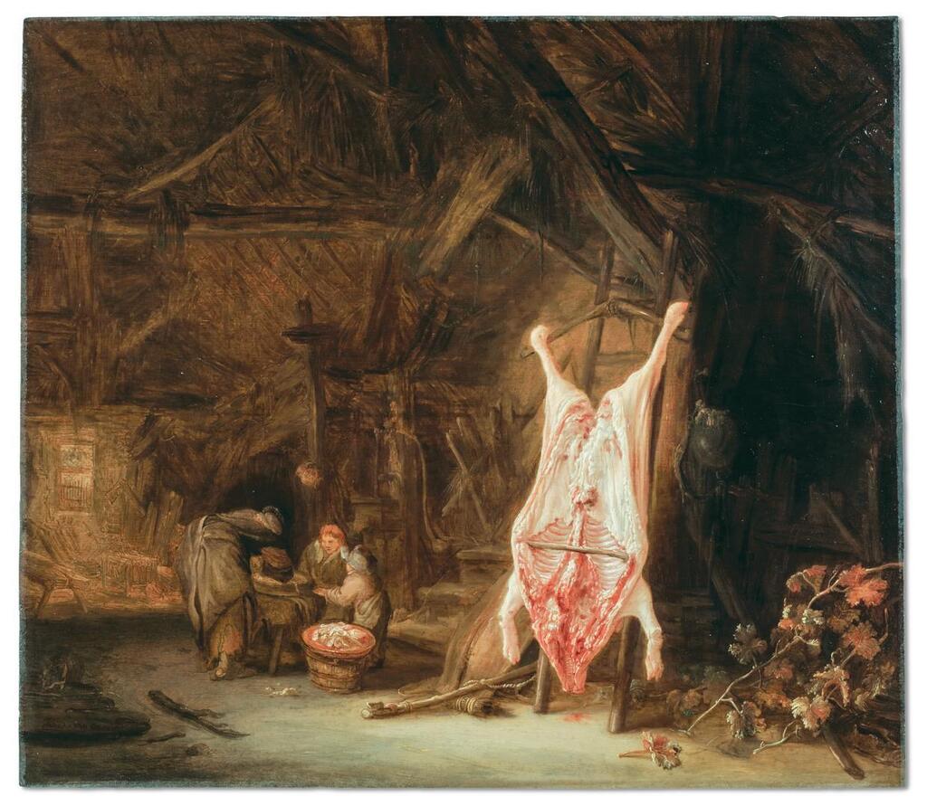 A barn interior with a slaughtered pig, a woman preparing meat and two children beyond