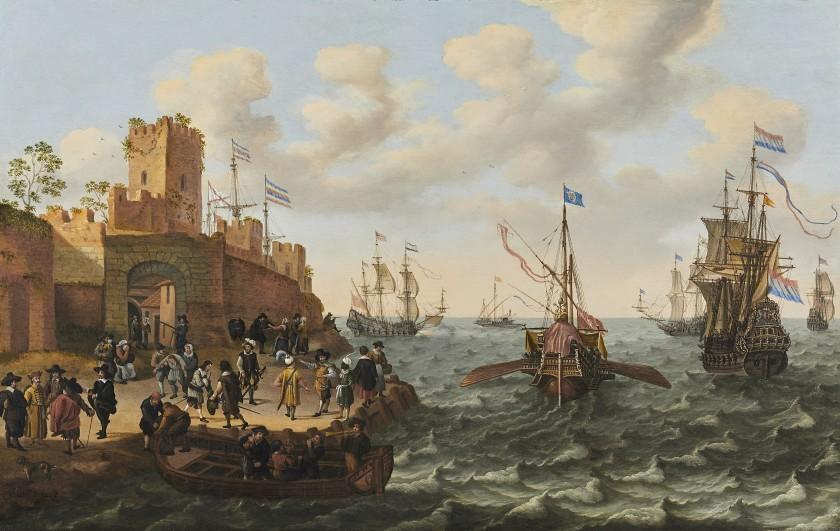 Dutch three-masted ships and galleys of the papal fleet in a Mediterranean port bustling with Levantine merchants