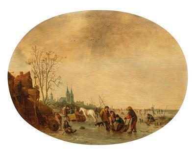 A winter landscape with skaters on the ice