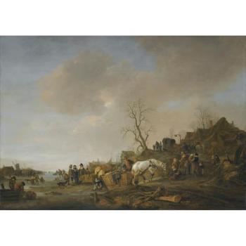 A Frozen River Landscape With A Waggoner Halted At An Inn And A Horse Pulling A Laden Sleigh Off The Ice In The Foreground