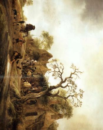 Peasants drinking outside a vine laden inn, horseman on a piebald and boy carring a brace