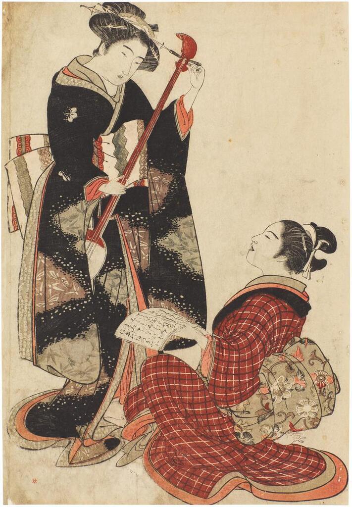 Two geisha rehearsing a song
