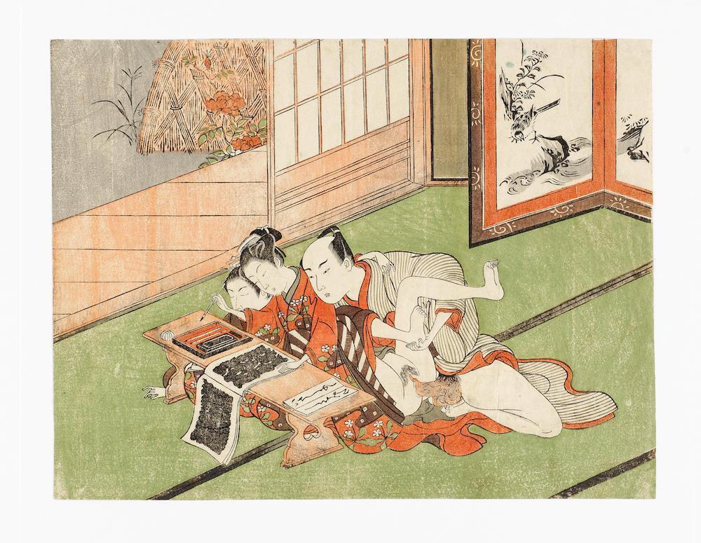 A middle-aged husband and wife making love behind their young daughter practising calligraphy in front of half-opened shoji doors overlooking a garden