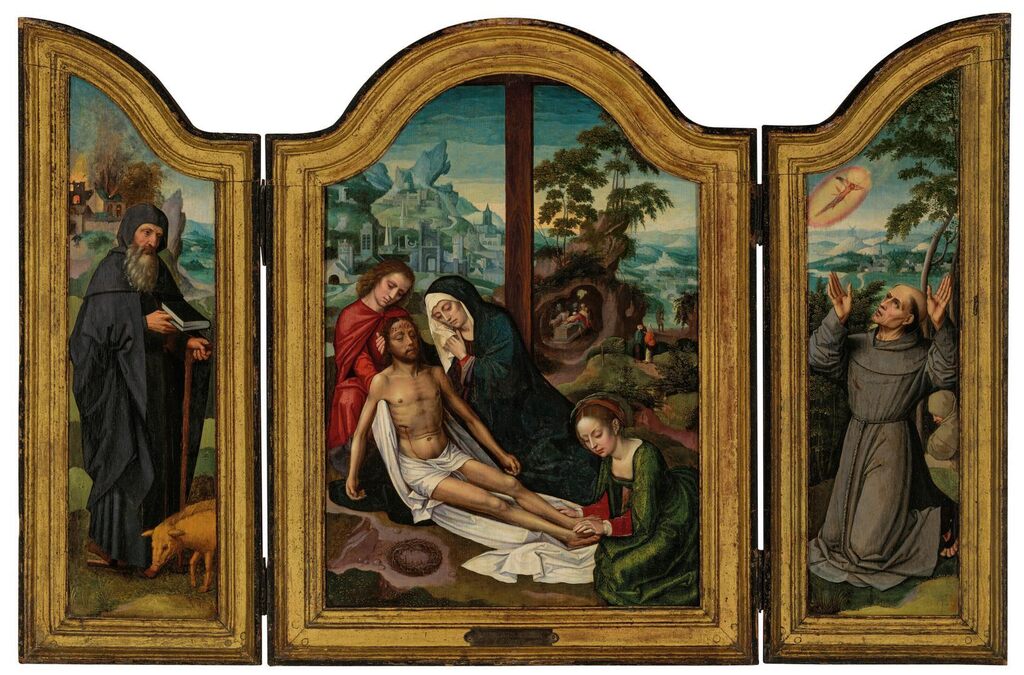 A Triptych: the central panel: The Lamentation, with The Deposition beyond; the wings: Saint Anthony Abbot, a burning city beyond; and Saint Francis of Assisi receiving the Stigmata