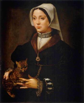 Portrait of lady wearing dark costume and a white headdress, holding a cat