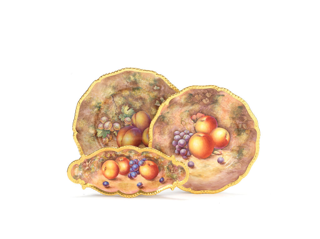 Three Royal Worcester 'Painted Fruit' plates and a small dish, circa 1950-70