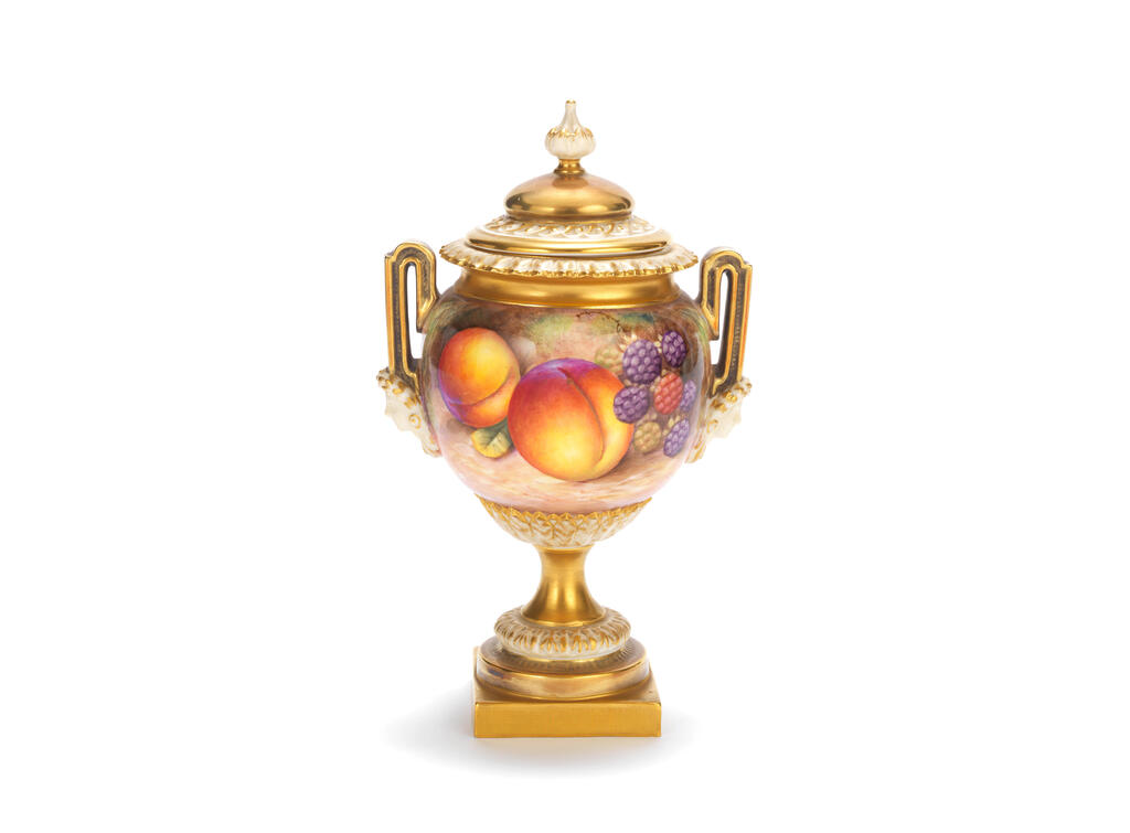 A Royal Worcester 'Painted Fruit' vase and cover, circa 1970