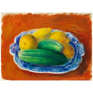 Cucumbers and Lemons in Blue Platter 12 x 16 in. (30.5 x 40.6 cm.)