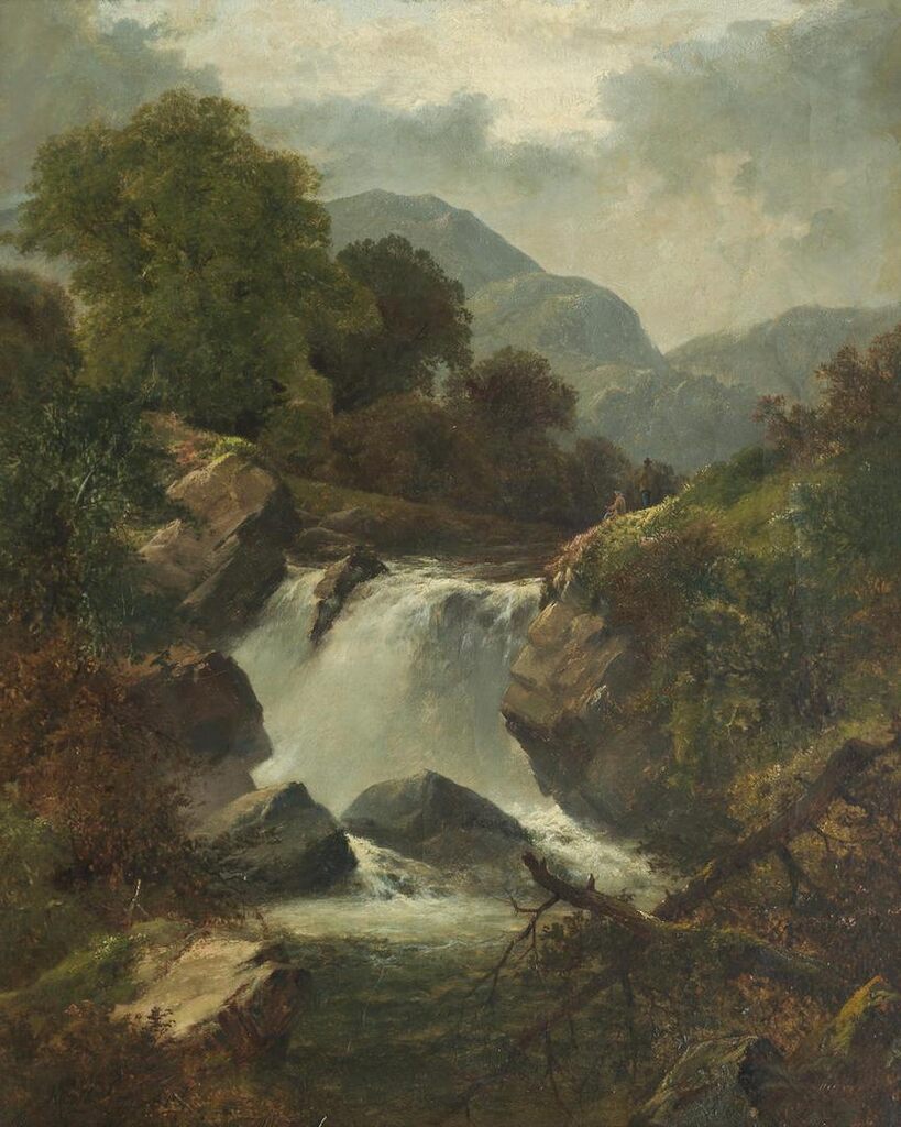 Anglers by a waterfall