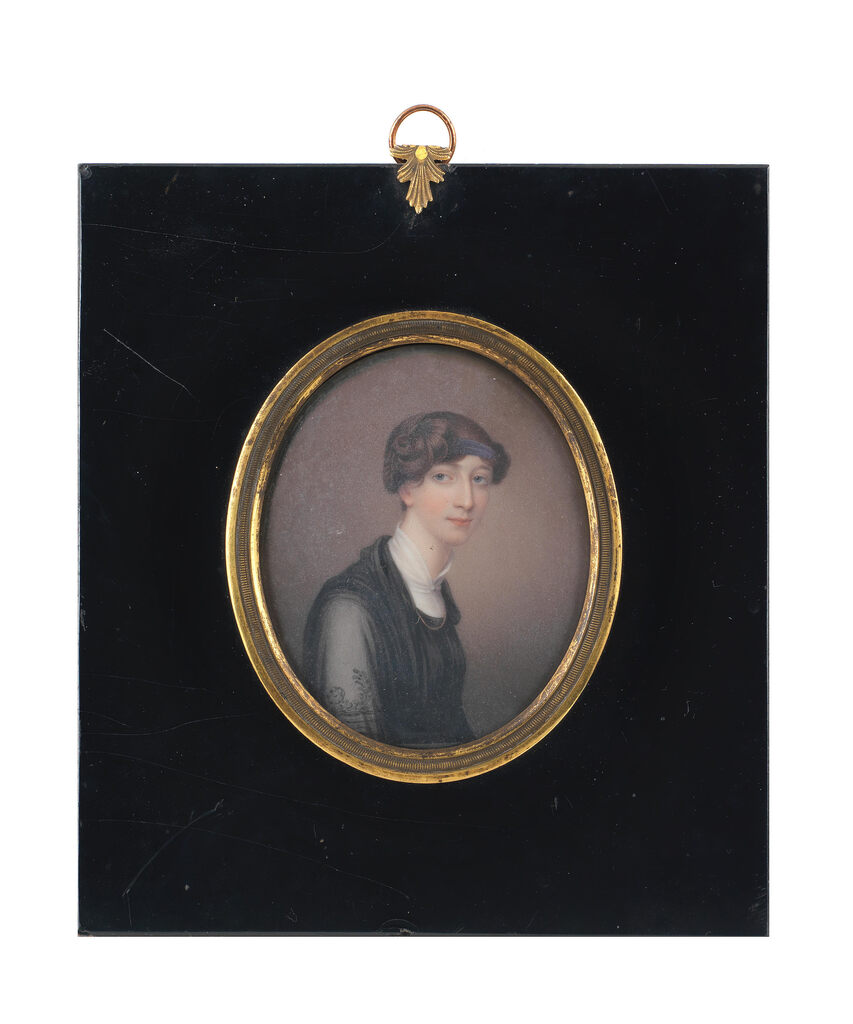A portrait miniature of the Hon. Catherine Isabella Vansittart née Eden, wearing a black dress over her white chemise, her upswept and braided hair dressed with a purple bandeau