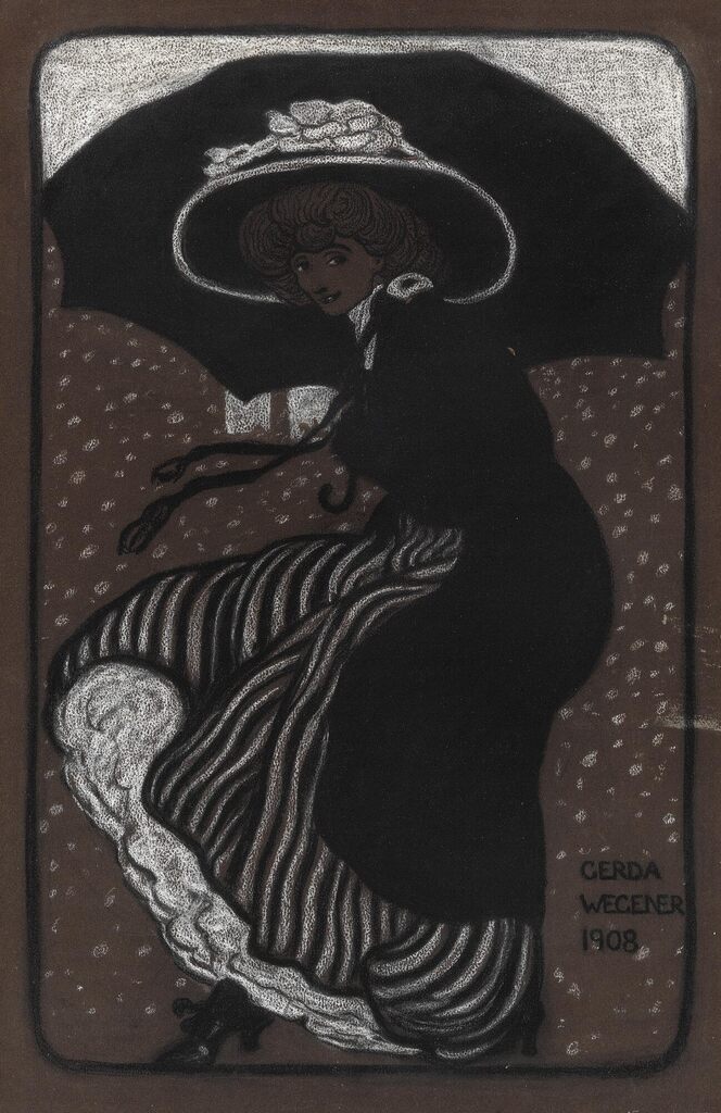 Gerda Wegener: Woman under umbrella. Signed Gerda Wegener 1908. Crayon on dark brown paper. Sheet size 59 x 39 cm